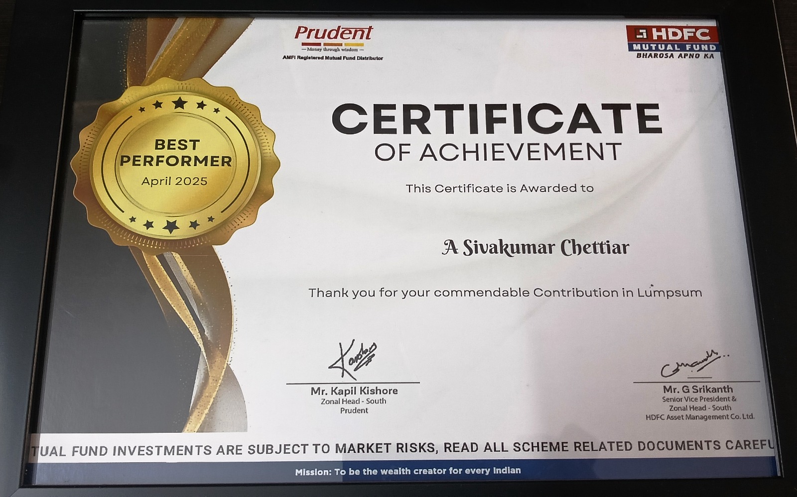 HDFC Mutual Fund Certificate of Achievement