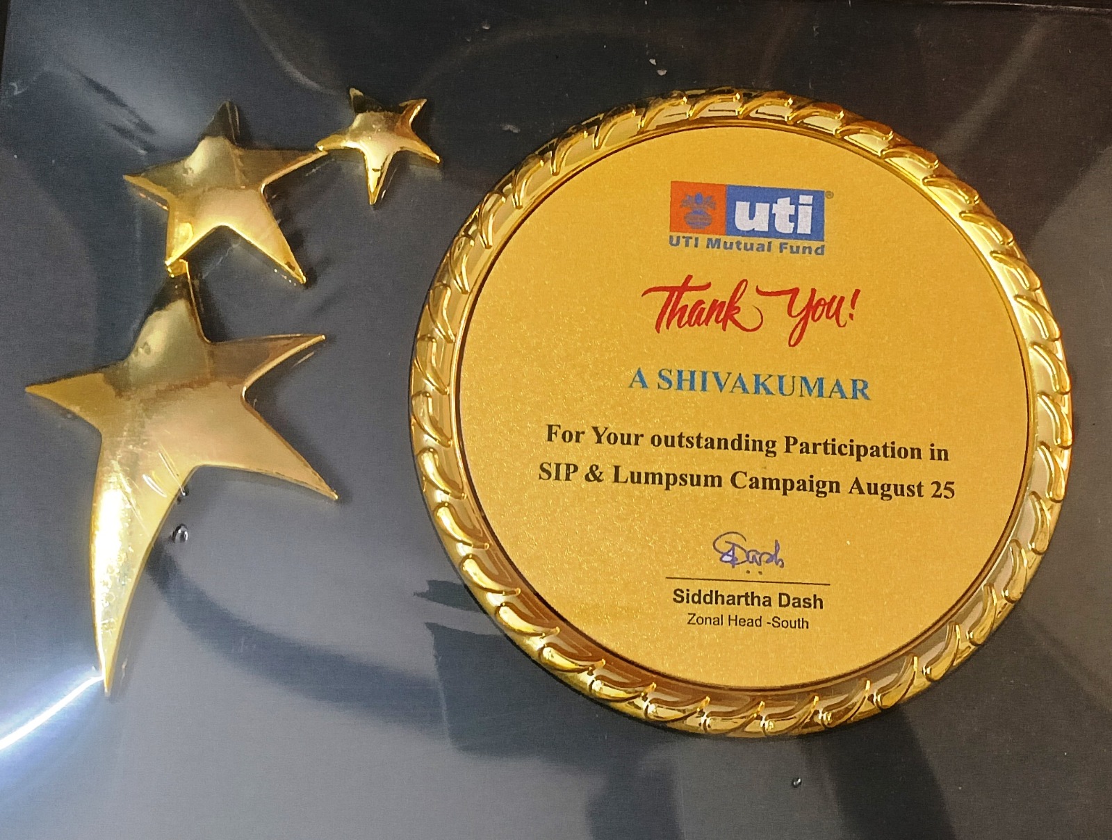 UTI Mutual Fund Thank You Certificate