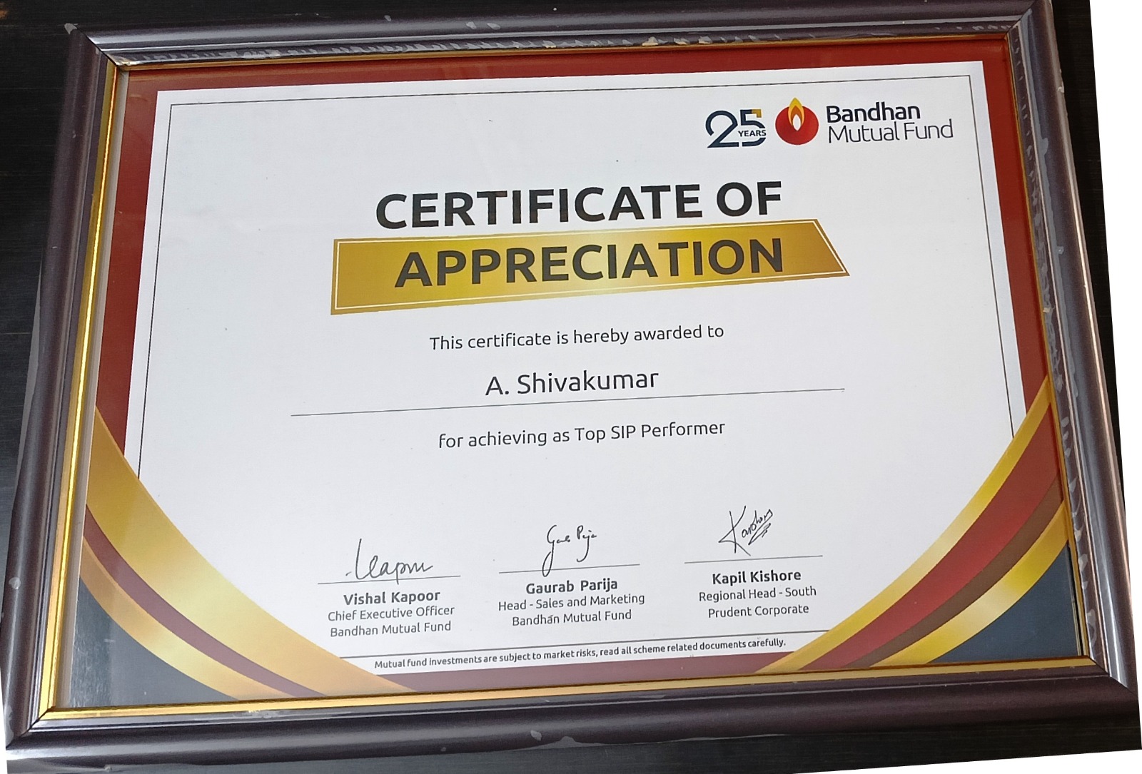 Bandhan Mutual Fund Certificate of Appreciation